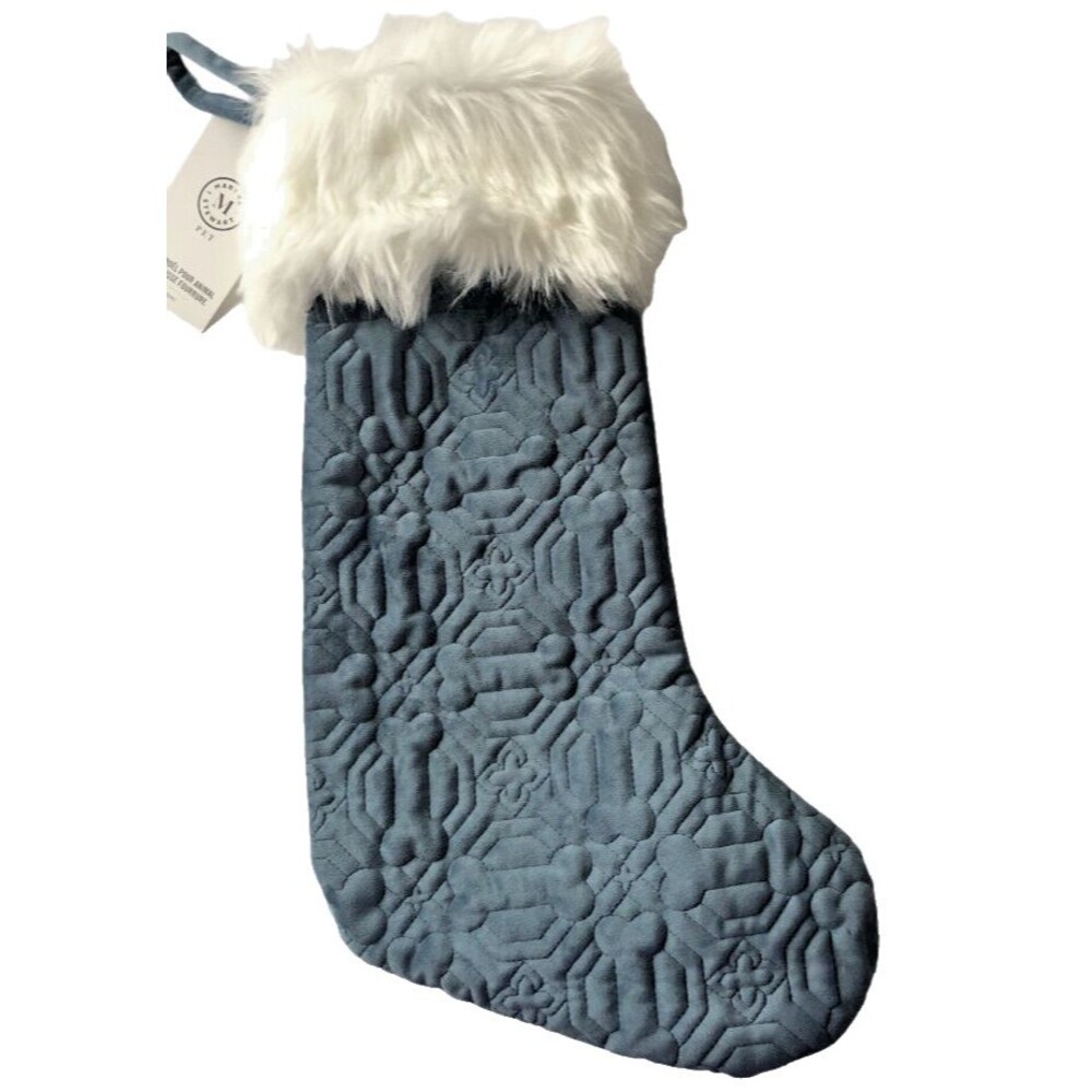Martha Stewart Pet Christmas Stocking 22" Dog Bones Quilted Blue Velvet Faux Fur